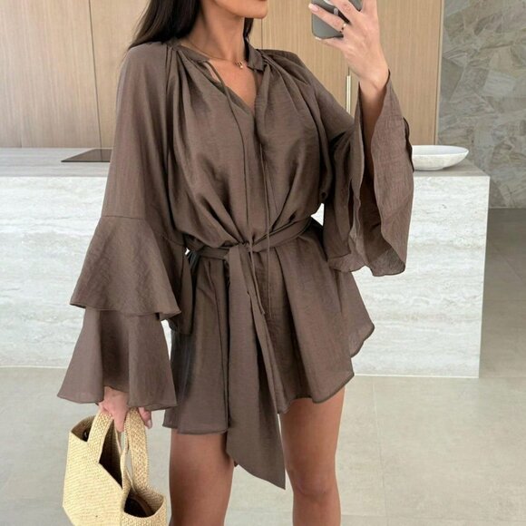Coffee Boho Women's V-Neck Asymmetrical Tie-Up Long Sleeve Loose Mini Dress - Picture 1 of 5